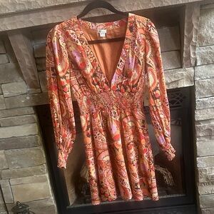 BRAND NEW WITH TAGS- Billabong Orange and Pink Paisley Long Sleeve Dress